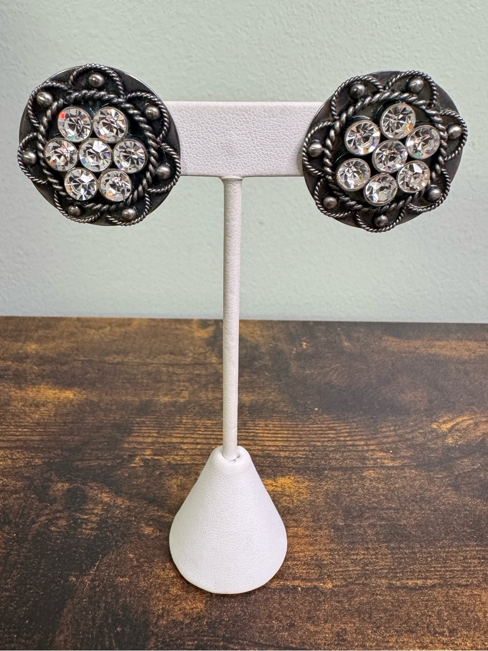 Vintage-Style Silver Crystal Button Clip-On Earrings - Clear Crystal